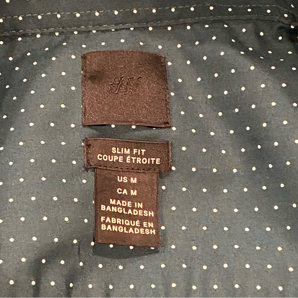 H&M Men's Short Sleeve Button Up Shirt Size M Green White‎ Polka Dot Slim Fit - Picture 3 of 4